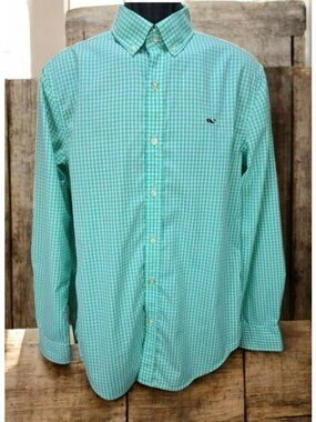 Vineyard Vines Mens Whale Shirt Medium * Green Gingham * Button-Up * Long Sleeve